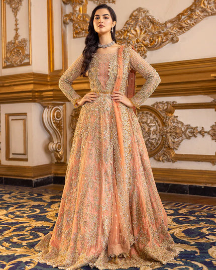 Soiree | Coral Net Embellished Flared Lehenga