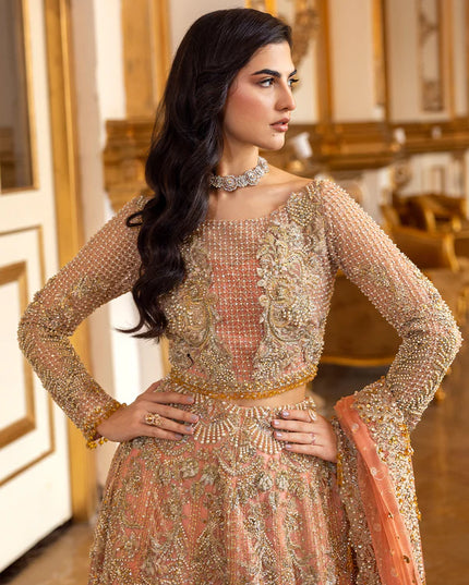 Soiree | Coral Net Embellished Flared Lehenga