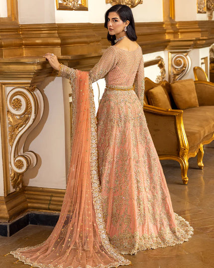 Soiree | Coral Net Embellished Flared Lehenga