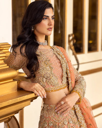 Soiree | Coral Net Embellished Flared Lehenga