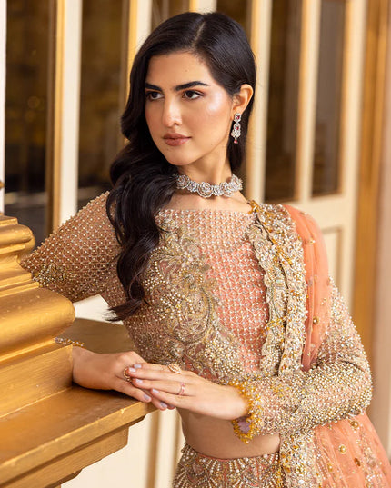 Soiree | Coral Net Embellished Flared Lehenga