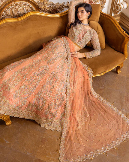 Soiree | Coral Net Embellished Flared Lehenga