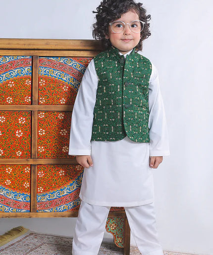 1 Piece | Boys Silk Dark Green Embroidered Waistcoat