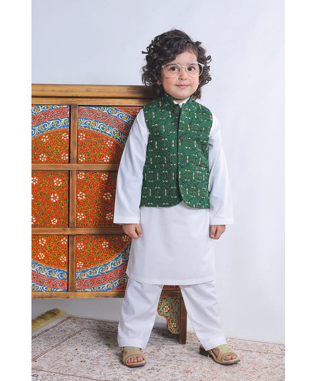 1 Piece | Boys Silk Dark Green Embroidered Waistcoat
