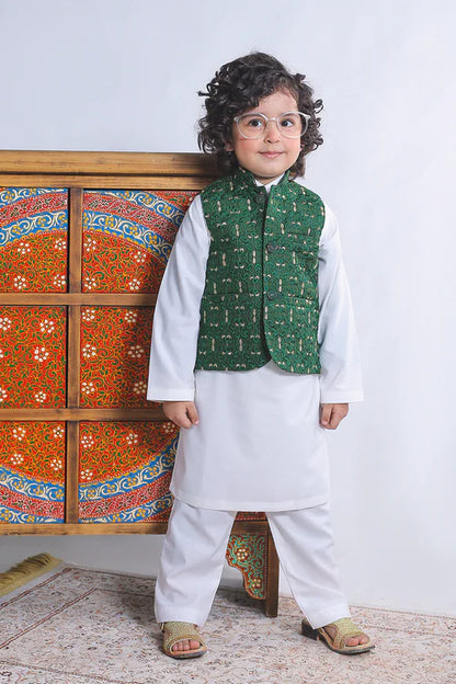 1 Piece | Boys Silk Dark Green Embroidered Waistcoat