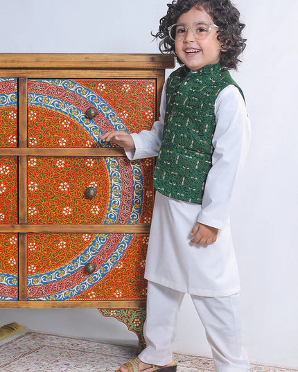 1 Piece | Boys Silk Dark Green Embroidered Waistcoat