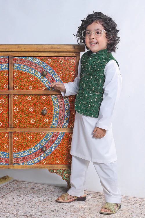 1 Piece | Boys Silk Dark Green Embroidered Waistcoat