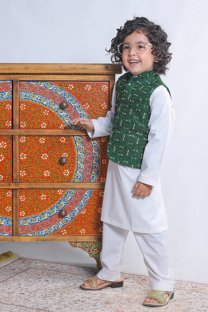 1 Piece | Boys Silk Dark Green Embroidered Waistcoat