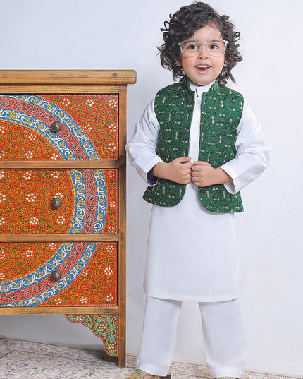 1 Piece | Boys Silk Dark Green Embroidered Waistcoat
