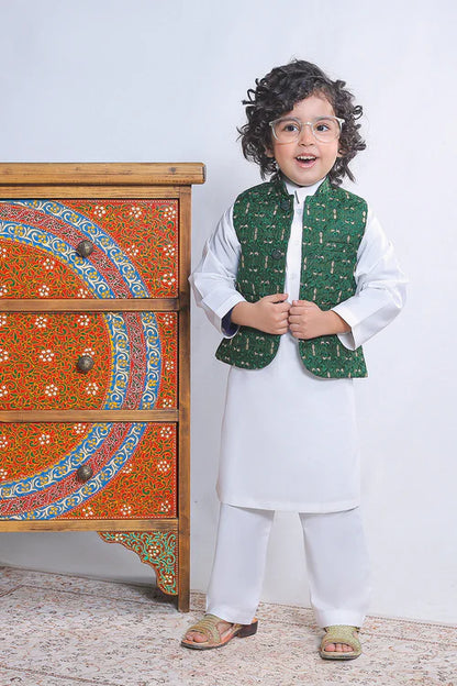 1 Piece | Boys Silk Dark Green Embroidered Waistcoat