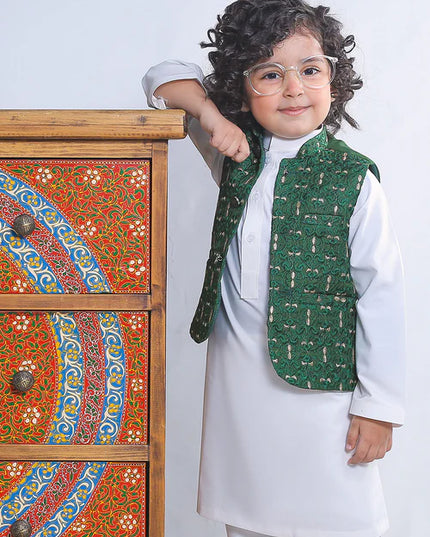 1 Piece | Boys Silk Dark Green Embroidered Waistcoat