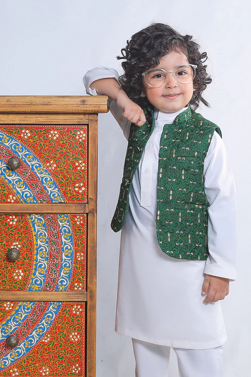 1 Piece | Boys Silk Dark Green Embroidered Waistcoat