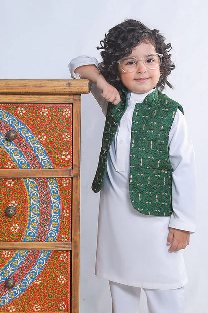 1 Piece | Boys Silk Dark Green Embroidered Waistcoat
