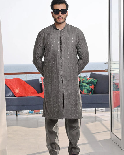 2 Piece | Silver Embroidered Silk Kurta Pyjama