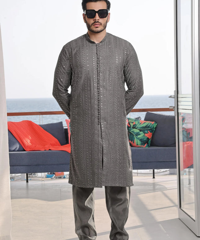 2 Piece | Silver Embroidered Silk Kurta Pyjama
