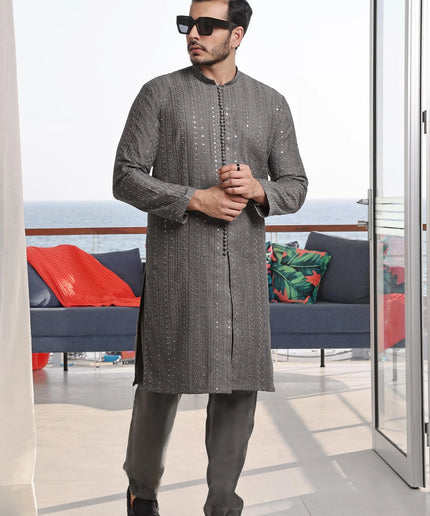 2 Piece | Silver Embroidered Silk Kurta Pyjama