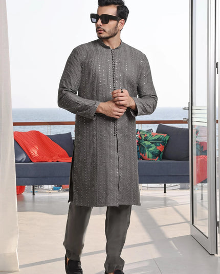 2 Piece | Silver Embroidered Silk Kurta Pyjama
