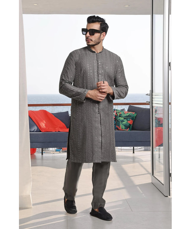 2 Piece | Silver Embroidered Silk Kurta Pyjama