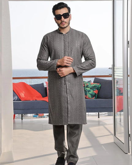 2 Piece | Silver Embroidered Silk Kurta Pyjama