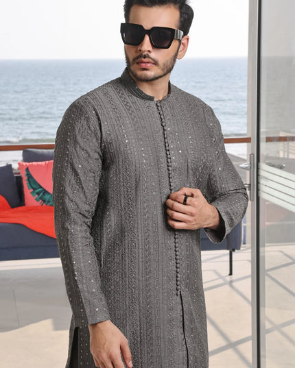 2 Piece | Silver Embroidered Silk Kurta Pyjama