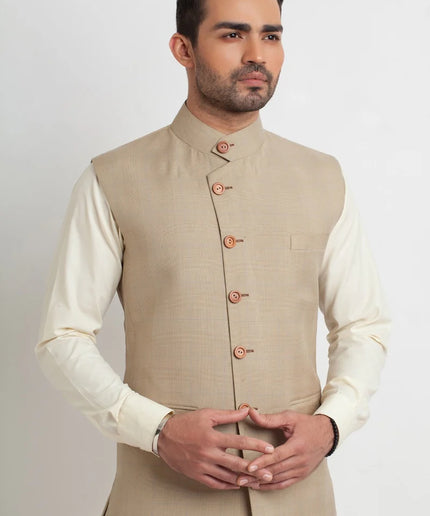 Stylish Khaki Textured Silk Waistcoat