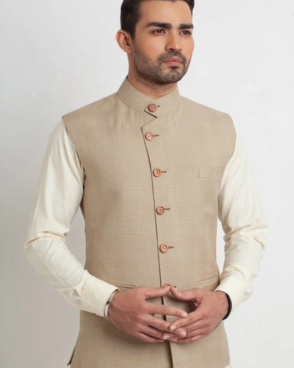 Stylish Khaki Textured Silk Waistcoat