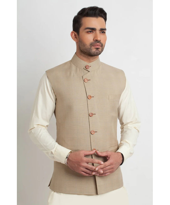 Stylish Khaki Textured Silk Waistcoat