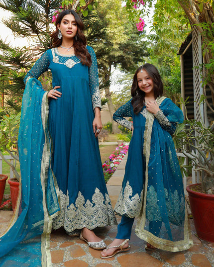 Teal Mother Daughter Combo | Cotton Net Embroidered Pishwas Dress