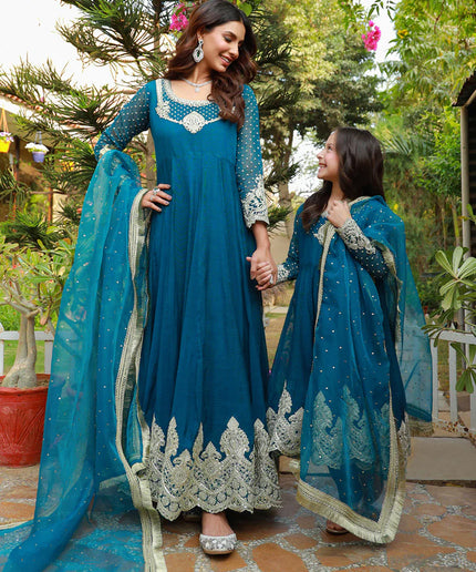 Teal Mother Daughter Combo | Cotton Net Embroidered Pishwas Dress