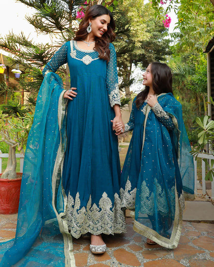 Teal Mother Daughter Combo | Cotton Net Embroidered Pishwas Dress
