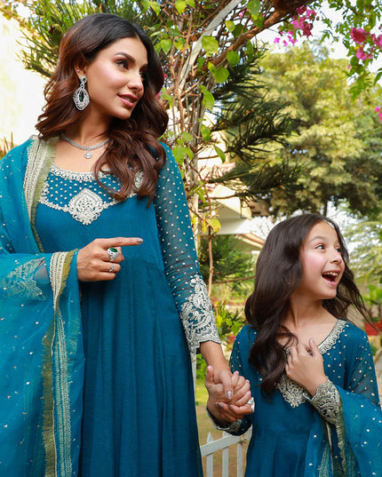Teal Mother Daughter Combo | Cotton Net Embroidered Pishwas Dress