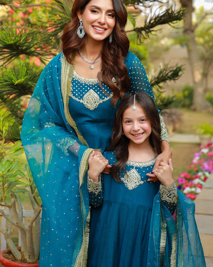 Teal Mother Daughter Combo | Cotton Net Embroidered Pishwas Dress