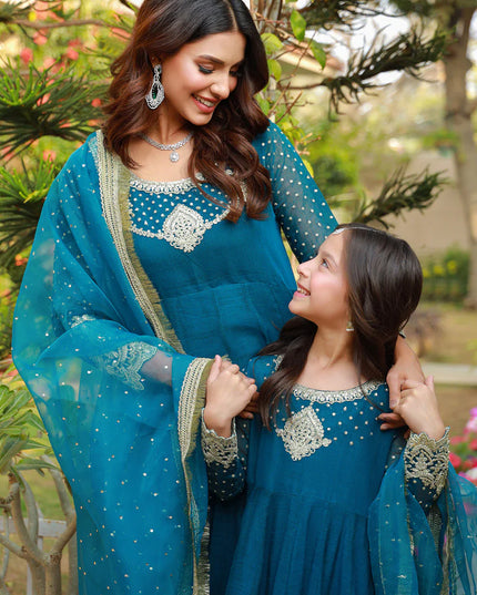 Teal Mother Daughter Combo | Cotton Net Embroidered Pishwas Dress