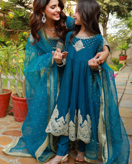 Teal Mother Daughter Combo | Cotton Net Embroidered Pishwas Dress