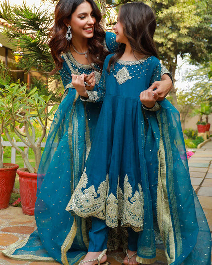 Teal Mother Daughter Combo | Cotton Net Embroidered Pishwas Dress
