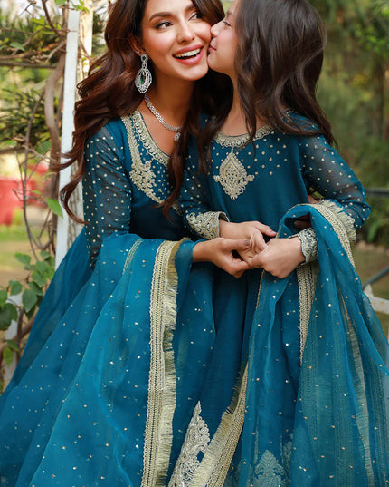 Teal Mother Daughter Combo | Cotton Net Embroidered Pishwas Dress