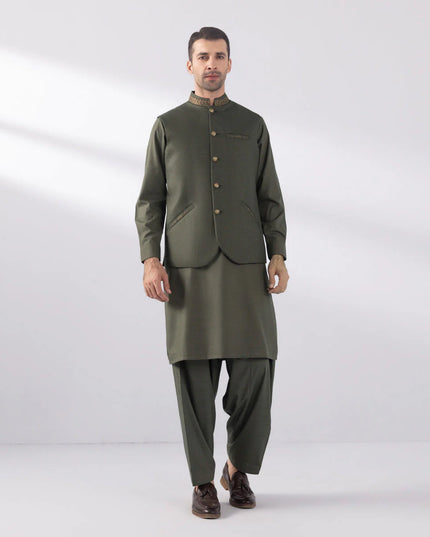 Olive Embroidered Tropical Waistcoat