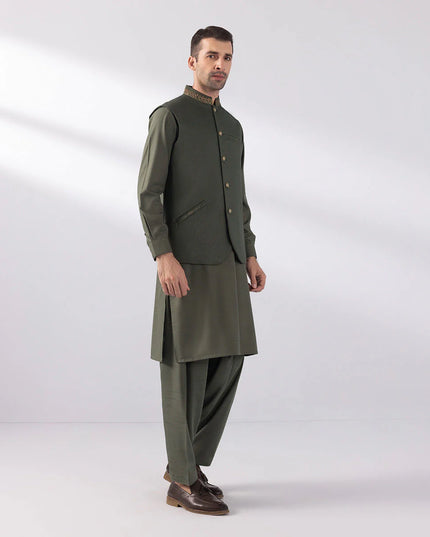 Olive Embroidered Tropical Waistcoat
