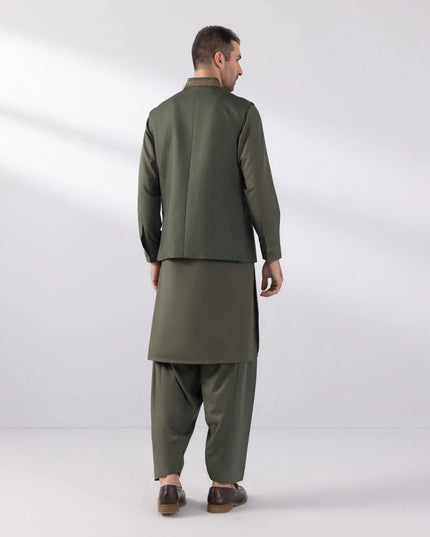 Olive Embroidered Tropical Waistcoat
