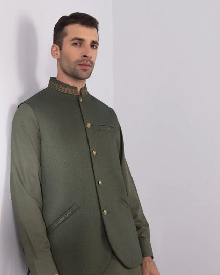Olive Embroidered Tropical Waistcoat