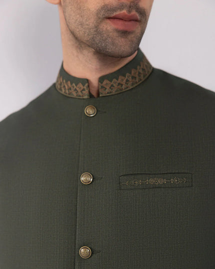 Olive Embroidered Tropical Waistcoat