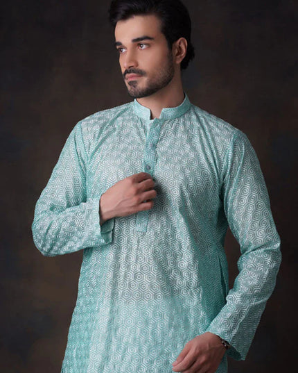 Turquoise Embroidered Kurta and Waistcoat Set