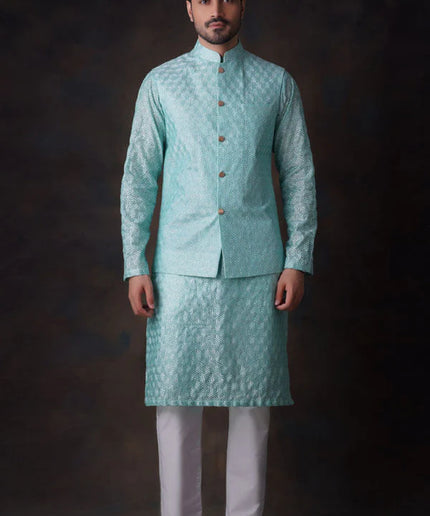 Turquoise Embroidered Kurta and Waistcoat Set