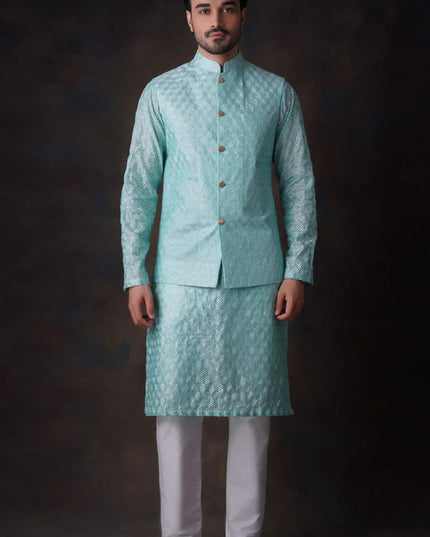 Turquoise Embroidered Kurta and Waistcoat Set