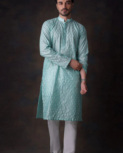Turquoise Embroidered Kurta and Waistcoat Set