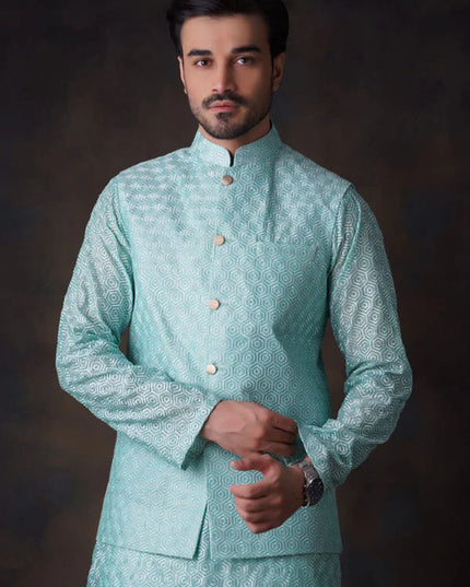 Turquoise Embroidered Kurta and Waistcoat Set