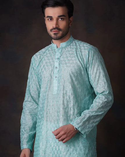 Turquoise Embroidered Kurta and Waistcoat Set