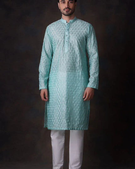 Turquoise Embroidered Kurta and Waistcoat Set