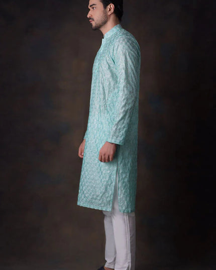 Turquoise Embroidered Kurta and Waistcoat Set