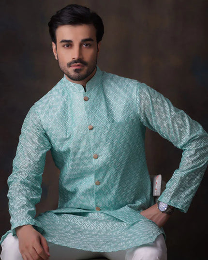 Turquoise Embroidered Kurta and Waistcoat Set